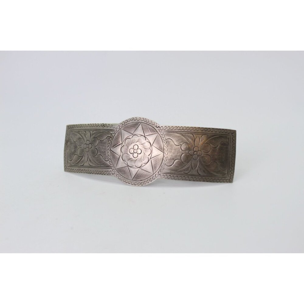 Mid Century Unmarked Silver Hair Barrette | Hand Engraved Floral Design | Mexica